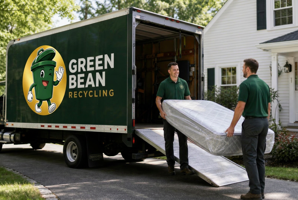 Green Bean Recycling crew member loading a wrapped mattress into a box truck
